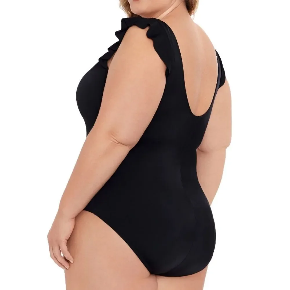 Time and Tru Black Ruffle Strap One Piece Swimsuit - NEW